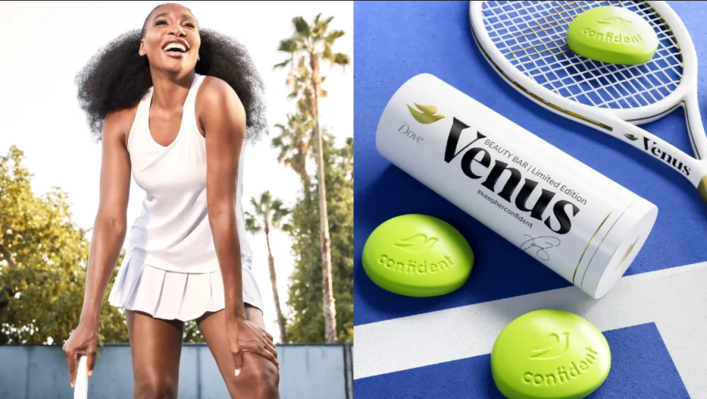 Venus Williams' Dove beauty bar. Dove will be one of the Unilever brands to benefit from in-house, AI-driven fragrance development. 